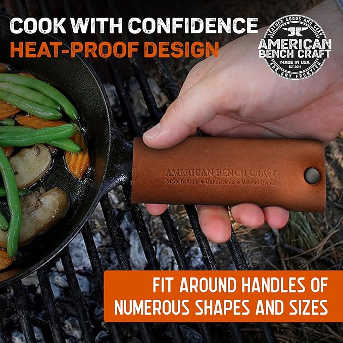 American Bench Craft Leather Cast Iron Handle Cover (Set of 2) | Full Grain Leather Hot Handle Holders for Cast-Iron Skillets & Pots | Heat Resistant Pan Handle Sleeve | Handcrafted in USA | Tan