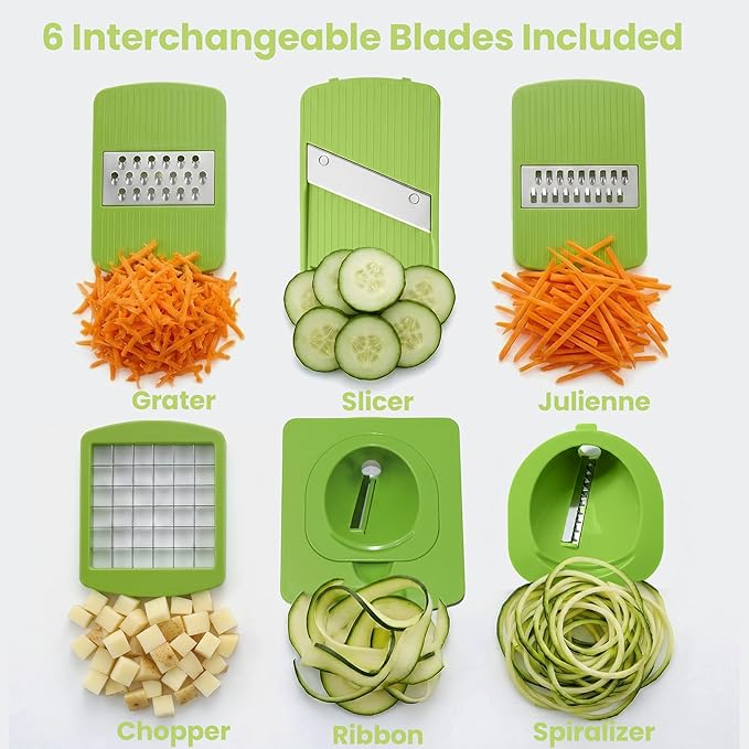 7-in-1 Large Salad Spinner & Vegetable Chopper with Container - Multi-function Lettuce Spinner Fruit Washing Bowl with Strainer, Grater, Slicer, Julienne, Spiralizer, Ribbon Cutter & Dicer