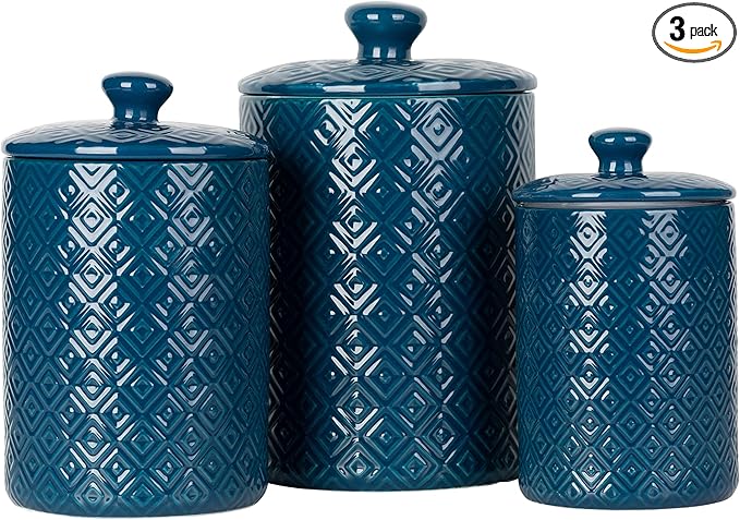 10 Strawberry Street Diamond Embossed Ceramic Kitchen Canister Set, Set of 3, Diamond Blue