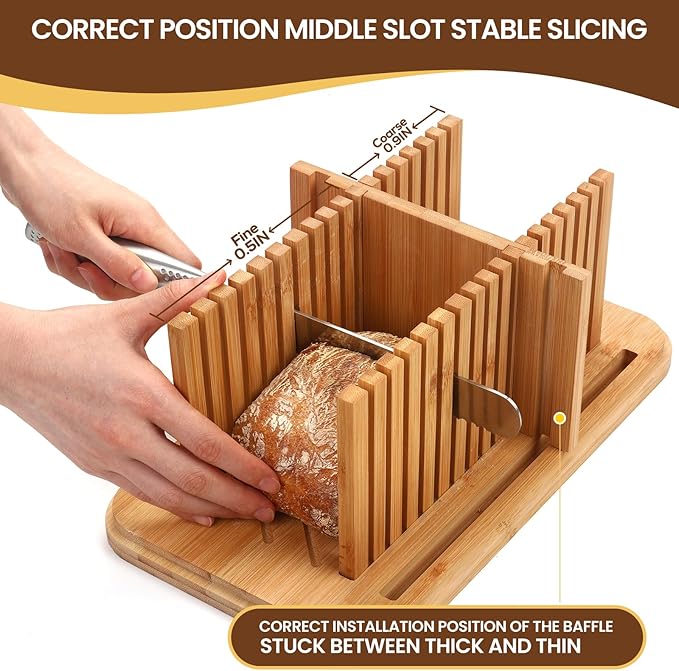BLUBYEES Bamboo Bread Slicer for Homemade Bread with Crumb Tray & Storage Box – Adjustable Slicing Guide for Sourdough, Bagels & Sandwiches – Gift for Bakers & Bread Makers