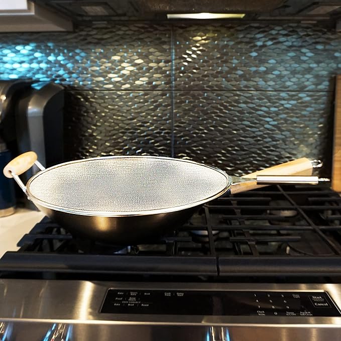 RSVP International Splatter Screen, One Size - Fine Mesh Stainless Steel, 10" in Diameter with 6.25" Handle |Keeps its Shape & Construction Over Time | Dishwasher Safe, 10 Inch, Multi Color
