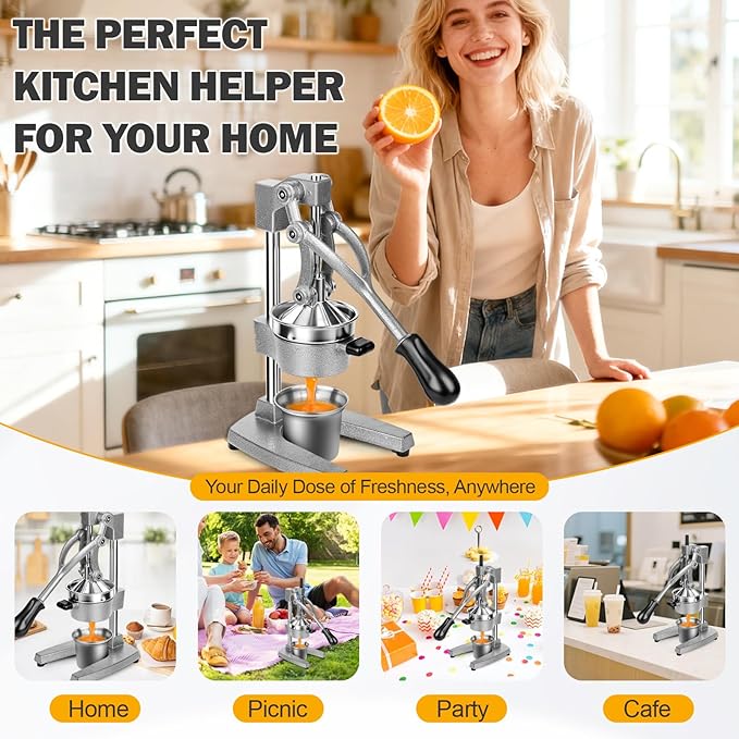 Manual Citrus Juicer, Hand Press Lemon Squeezer - Heavy Duty Cast Iron Juicer Press with Stainless Steel Cone, Efficient for Orange Lime Lemon, Easy to Clean GRAY