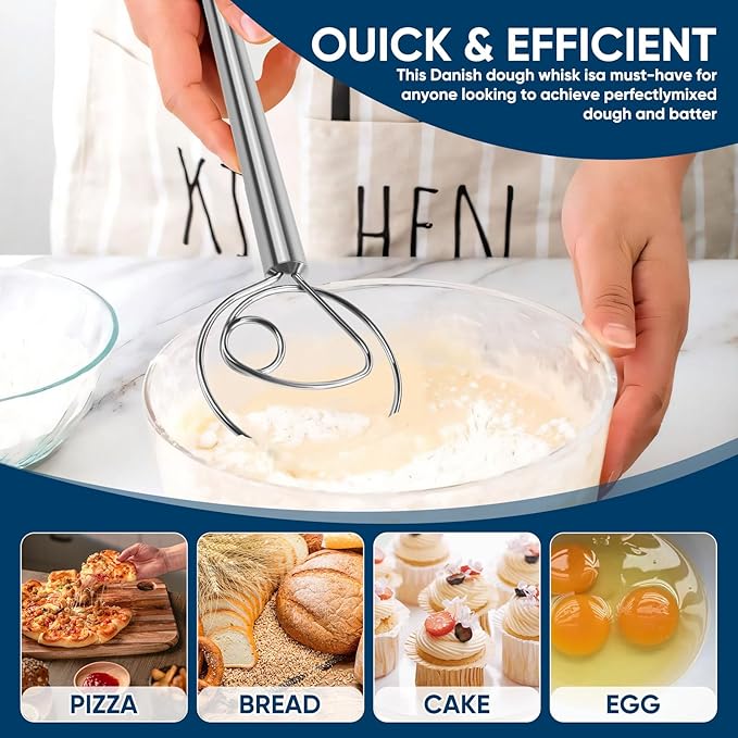 Danish Dough Whisk Stainless Steel Hook Dutch Mixer Tool for Bread Sourdough Baking Mixing