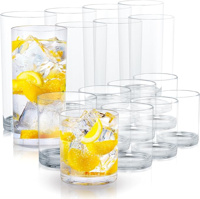 Zulay Kitchen Plastic Drinking Glasses (Set of 16) – Mixed 16oz & 12oz Acrylic Shatterproof Cups for Home, Kitchen & Outdoors – Crystal Clear Glass Look – BPA & Lead-Free – Top-Rack Dishwasher Safe
