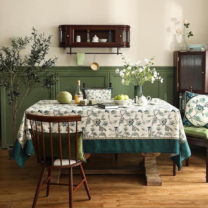 patdrea Designer Green Linen Table Cloth for Rectangle Table,Vintage Floral Pattern Durable Tablecloth,French Cover Decor for Kitchen Dining,Christmas,Thanksgiving,Tea Party,63"x87"-Noah