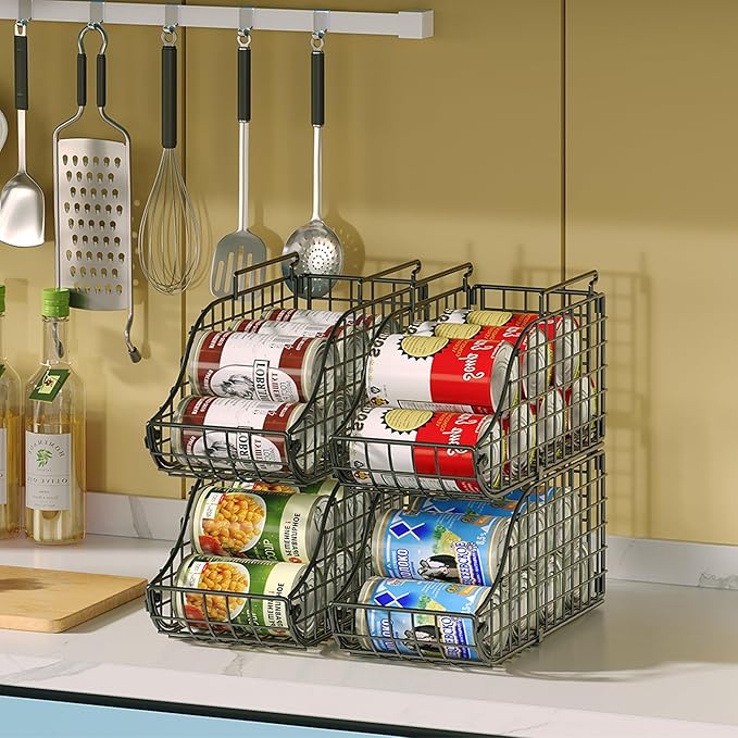 Sonyabecca 4-Pack Stackable Canned Food Organizer with Handles for Kitchen, Soda Can Organizer for Pantry Shelves, Wire Cabinet Shelf for Can Storage, Foldable Soda Dispenser, Patent Pending, Black