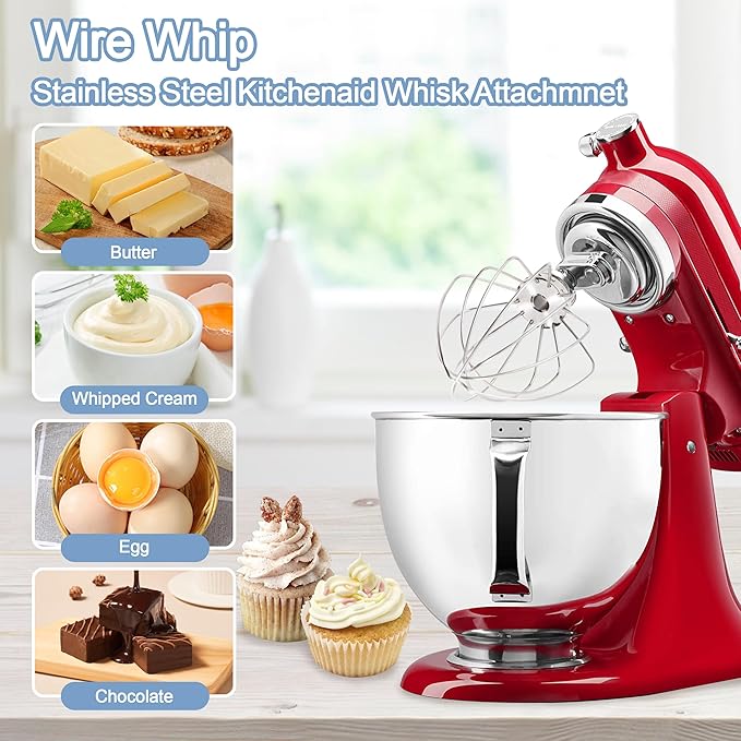 Stainless steel Wire Whip Attachment for KitchenAid Tilt-Head Stand Mixer Accessory K45SS Replacement, Egg Cream Stirrer, Cakes Mayonnaise Whisk, Whipping Egg White, Dishwasher Safe