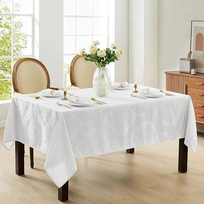 Newbridge Barcelona Luxury Damask Fabric Tablecloth, 70” Extra Wide x 90” Rectangle, White, 100% Polyester, No Iron, Soil Resistant Dining Room, Party and Banquet Table Cover