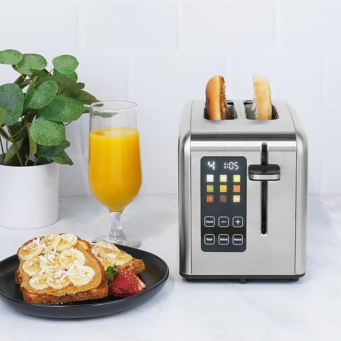 Kalorik Touchscreen Toaster 2-Slice with Extra-Wide Slots, Rapid Toasting Technology with 8 Shade Settings Plus Toaster Pastry Setting Manual Lift Lever and Auto-Shut Off, 1350-Watts, Stainless Steel