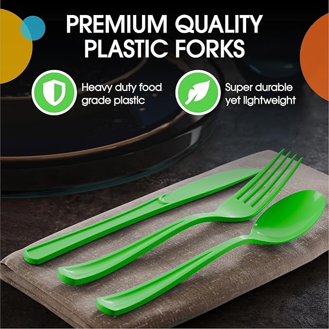 Party Solids Lime Green Plastic Silverware Heavy Duty 300 Pcs Lime Green Plastic Cutlery Sets, Utensil Sets, 100 Of Each Forks, Knives & Spoons Disposable Cutlery Set, Flatware Set For Party Supplies