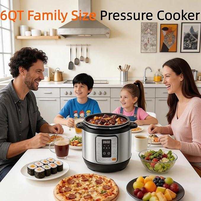 Simple Deluxe 6QT Electric Pressure Cooker, 16-in-1 & Non-Stick Stainless Steel Multi Cooker with 12 Presets for Slow Cook, Meat Stew, Steam, Sauté, Canning, Yogurt Maker, Dishwasher Safe, Silver