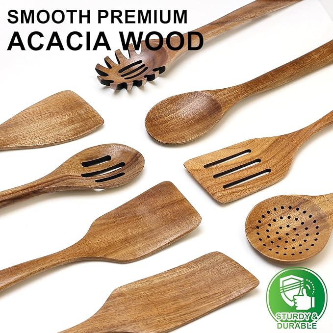 9 Pack Best Wooden Spoons Non Toxic Cooking Utensil Set with Utensils Holder Kitchen Slotted Turner Spatula Set Acacia Wood Utensils for Cooking Spoon Scraper Spurtle Bamboo Flat Egg Flipper Spatulas