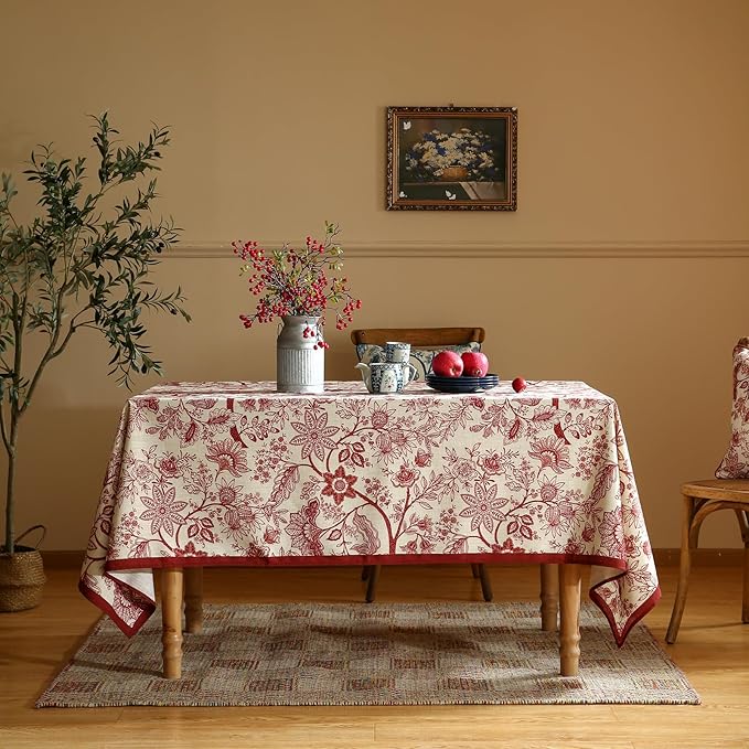 ISAENNE Designer French Linen Small Rectangular Tablecloth,Red Floral Washable Indoor Table Cloth,Durable Home Decor Tablecloths for Dining Thanksgiving Kitchen Party Christmas,55"*71"-Ruyi A
