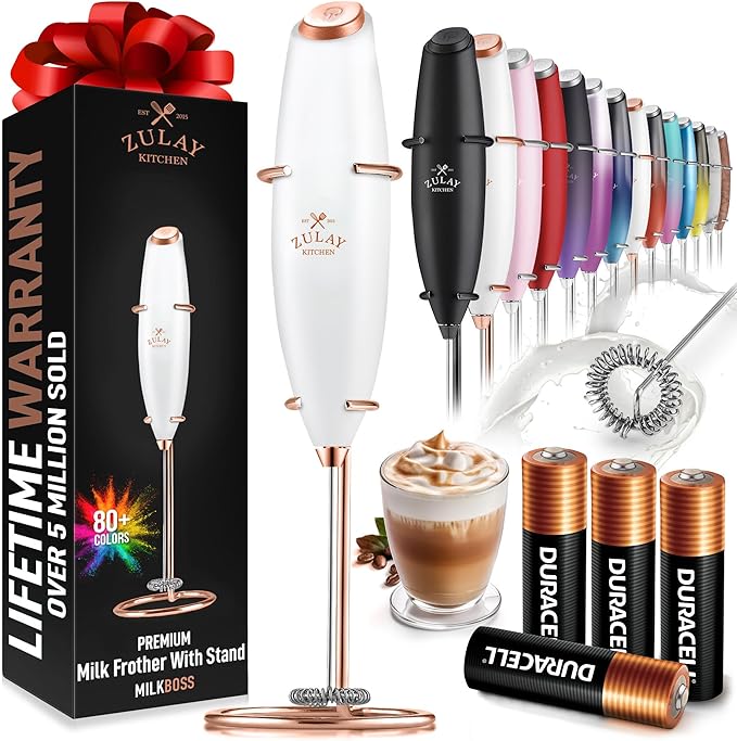 Zulay Kitchen Powerful Milk Frother Wand With 4 AA Duracell Batteries - Ultra Fast Handheld Drink Mixer - Electric Whisk Foam Maker for Coffee, Lattes, Cappuccino, Matcha & Creamer - White & Rose Gold