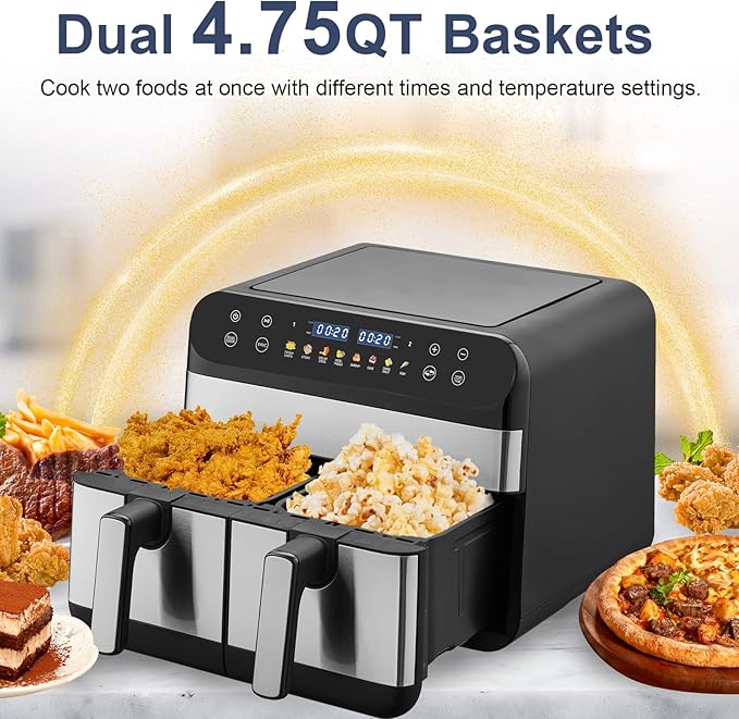 9.5 Quart Air Fryer Oven, Dual Zone 2-Basket, LED Touchscreen, Match Cook & Smart Finish to Roast, Broil, Dehydrate & More for Quick, Great for Family Meals