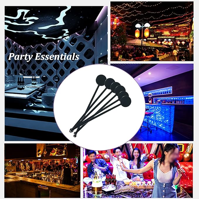 100Pcs Cocktail Swizzle Sticks, 7 Inches Disposible Plastic Disc Top Drink Stirrers Black Drinks Mixing Rod for Coffee Milk Cocktail Whiskey Beverage Bar (Black)
