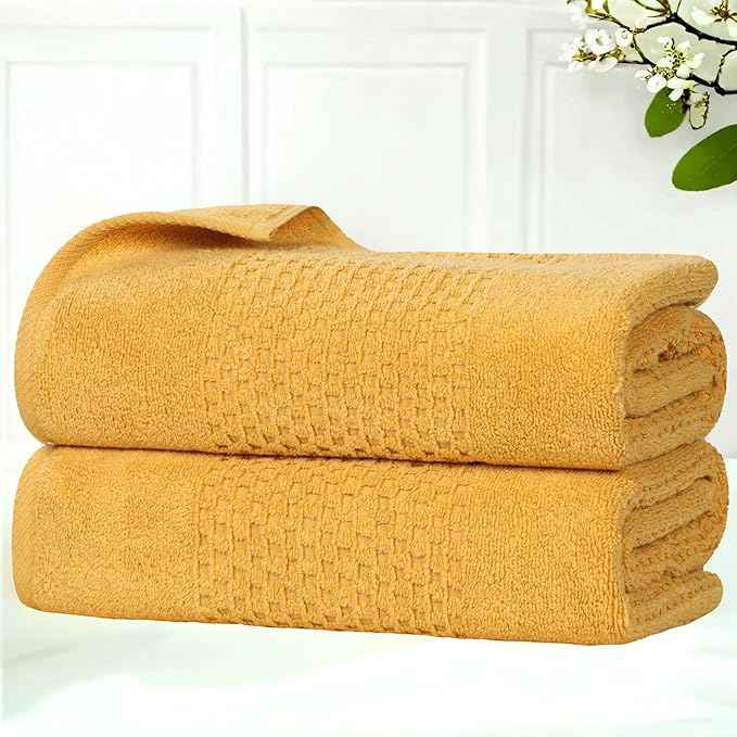 Superior Playa Zero Twist Cotton Medium Weight Towels, for Guest Bath, Bathroom, Shower, Spa, Plush, Quick Dry, Ultra-Soft Towels, Bath Essentials, Waffle Textured, Bath Towels, Set of 2, Gold