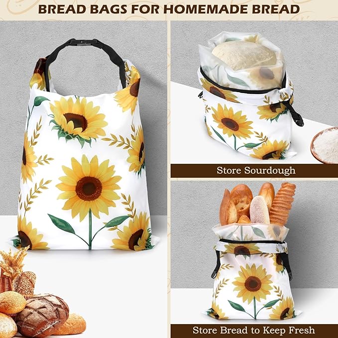 2 Pack Reusable Bread Bags for Homemade Bread, 17"×13" Sourdough Bread Storage Bags with Bowl Cover - Keep Loaf Fresh and Easy to Wash(Sunflowers)