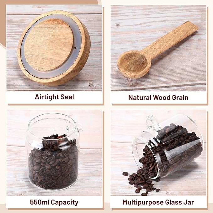 Remerry Set of 4 Glass Jar with Wooden Lid and Spoon, Clear Airtight Spice Canisters Glass Food Storage Kitchen Containers Set for Coffee Bean Tea Sugar (13.5 oz)
