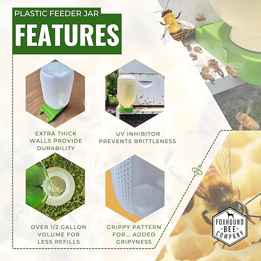 Foxhound Bee Company - Extra Large Plastic Feeder Jars with UV Protection, Small Mouth Neck, Holds Over 1/2 Gallon, Designed for Beekeepers