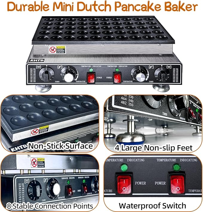 KHTD Mini Pancake Maker Machine, 50PCS Electric Nonstick Dutch Pancake Maker 110V 1600W, Commercial Muffin Maker with 2 Thermostats & 2 Timers Separate Control for Home Restaurant (12"D×21"W×7"H)