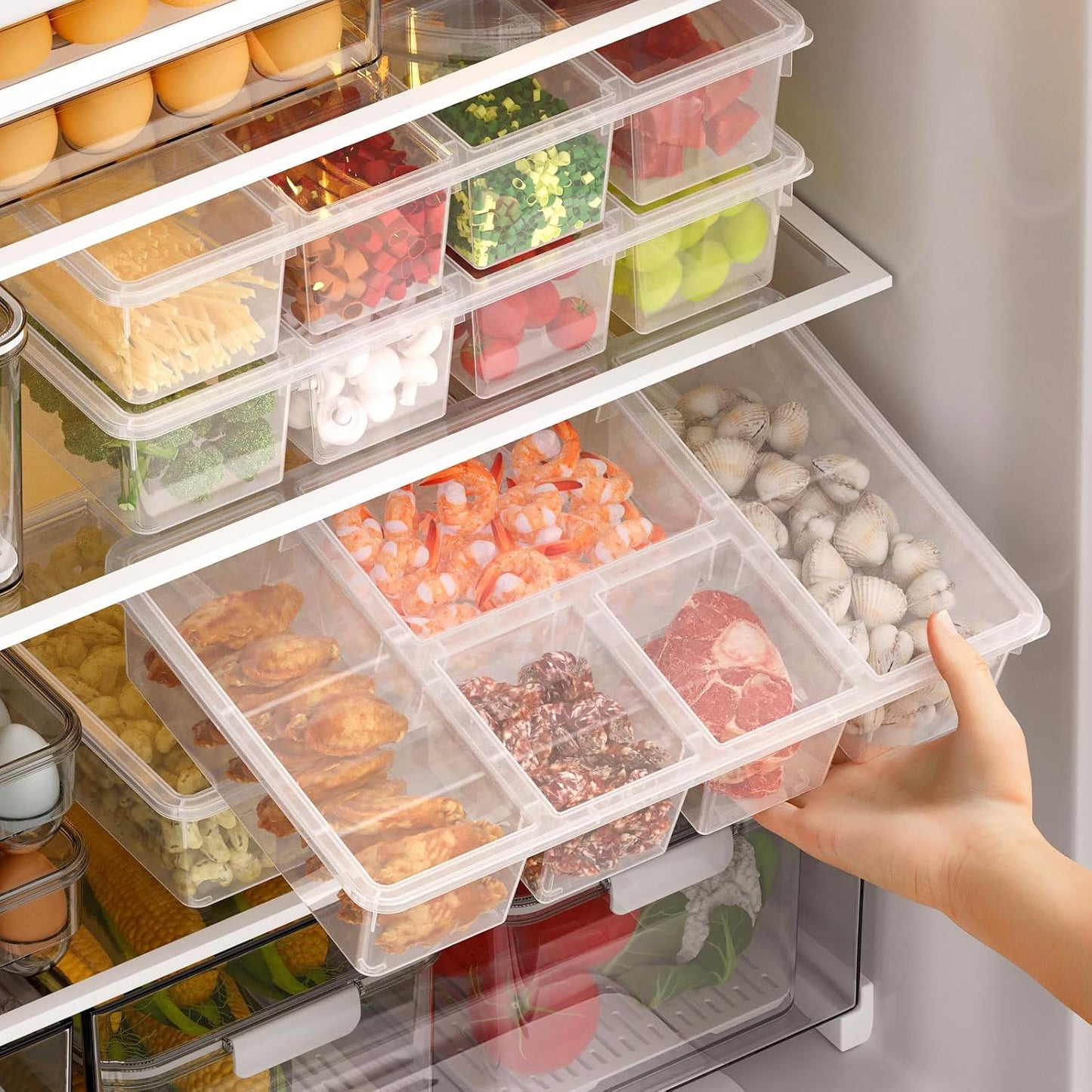 Taiuloo 2 Pack Divided Veggie Tray with Lid, 5 Compartment Salad Bar Containers for Fridge, Clear Snackle Box Organizer, Plastic Food Storage for Fruit, Vegetable, Snack, Meal Prep