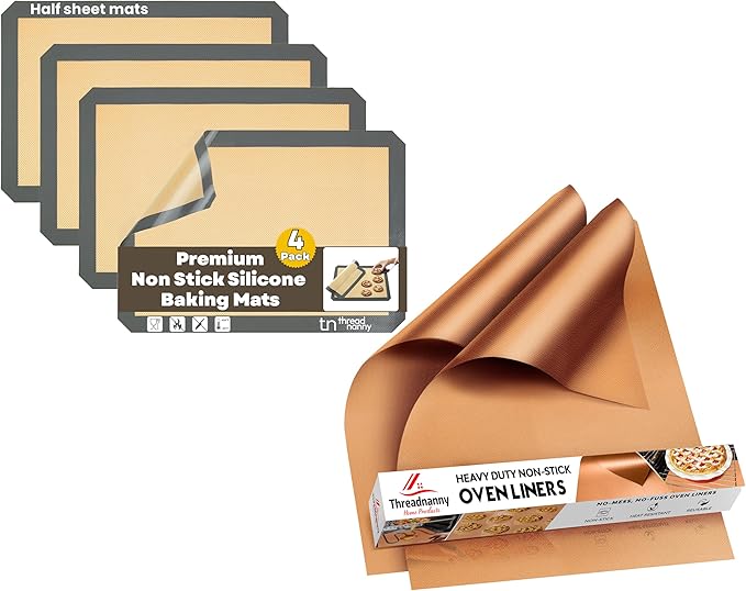 Silicone Baking Mats & Copper Oven Liners Set – 4 Pack Non-Stick Half Sheet Mats & 2 Heavy-Duty Teflon Liners (17"x25") – Reusable, Thick & Heat-Resistant for Oven, Stove, Grill, and Microwave