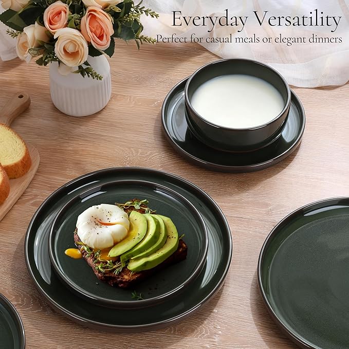 E-far Stoneware Dinnerware Sets for 6, 18 Pieces Reactive Glaze Plates and Bowls Sets, Elegant Dishes with Rustic Terracotta Clay Base, Dishwasher & Microwave Safe, Scratch Resistant, Blackish Green