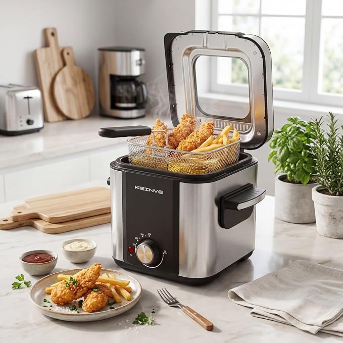 KEINVE Electric Deep Fryer, 1.5 Liters 900W Oil Fryer Perfect for Home Use, Small Deep Fryer with Basket, Cool Touch Sides, Nonstick