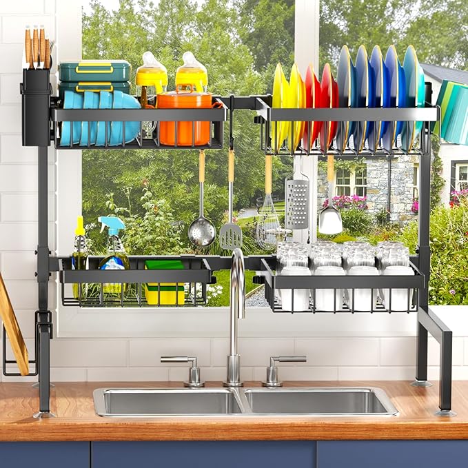 YKLSLH 4 Baskets Over The Sink Dish Drying Rack, Extendable Large Capacity Sink Rack, Metal Drying Rack Saving Space,for Most Sinks (26.57"-35")