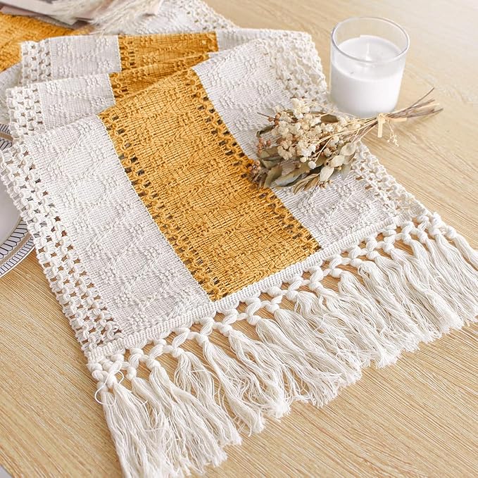 FEXIA Boho Table Runner for Fall Home Decor with Tassels 72 Inches Long Farmhouse Yellow Rustic Table Runner Macrame Burlap Table Decoration for Living Room Bridal Shower(12x72 Inches)