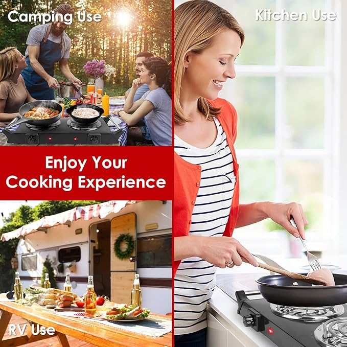 Electric Countertop Double Burner, 2000W Cooktop with Coil Hot Plate & Stay Cool Handles, 5 Level Temperature Control, Easy to Clean, Indicator Lights, Cooking Stove for Office/Home/Camping Use