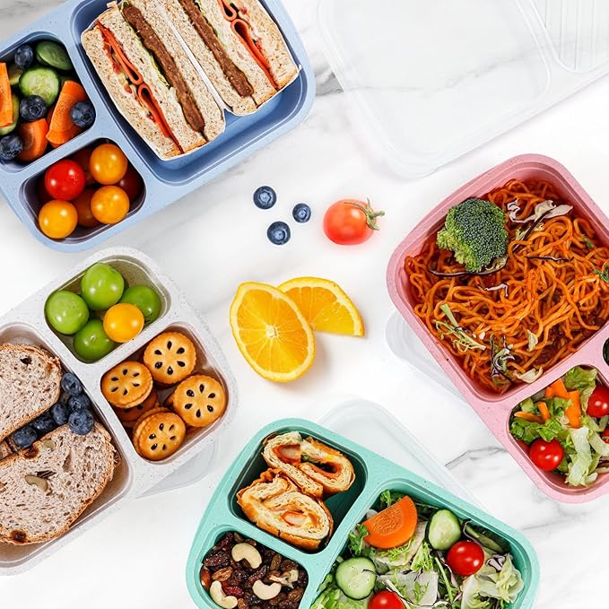 Caperci Wheat Straw Bento Lunch Box Containers for Adults & Kids - 3-Compartment Reusable Meal Prep Containers for School, Work, Travel, Set of 4 (Multicolor & Clear Lids)