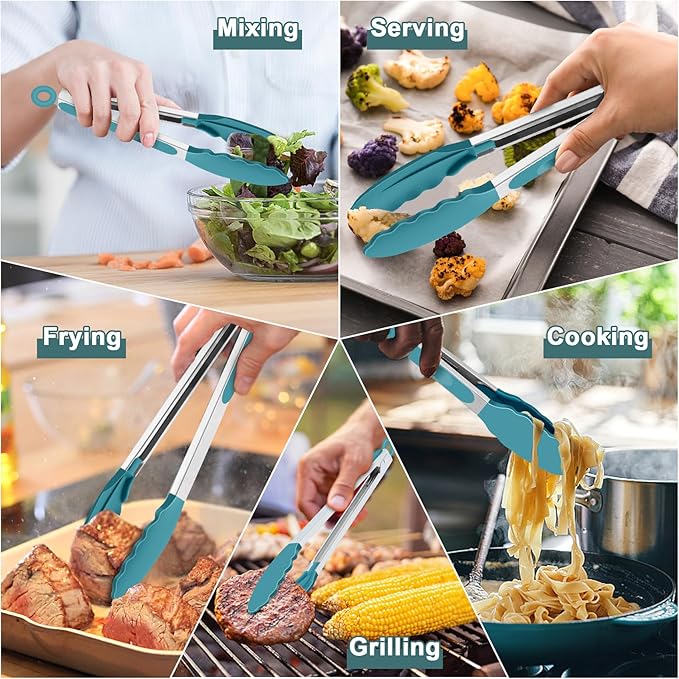 TeamFar Kitchen Tongs, 9" and 12" Stainless Steel Cooking Tongs with Silicone Tips for Cooking Grilling Serving & BBQ, Heat Resistant Silicone Tongs, Locking Design & Dishwasher Safe, Set of 2 & Blue