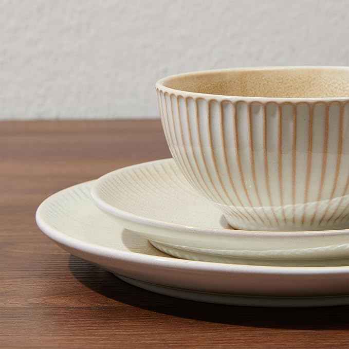 Ceramic Dinnerware Sets for 4, 12 Pieces Embossed Stoneware Plates and Bowls Sets, Scratch Resistant Dish Sets, Distinctive Granulated Surface, Housewarming Wedding Gift, Brown