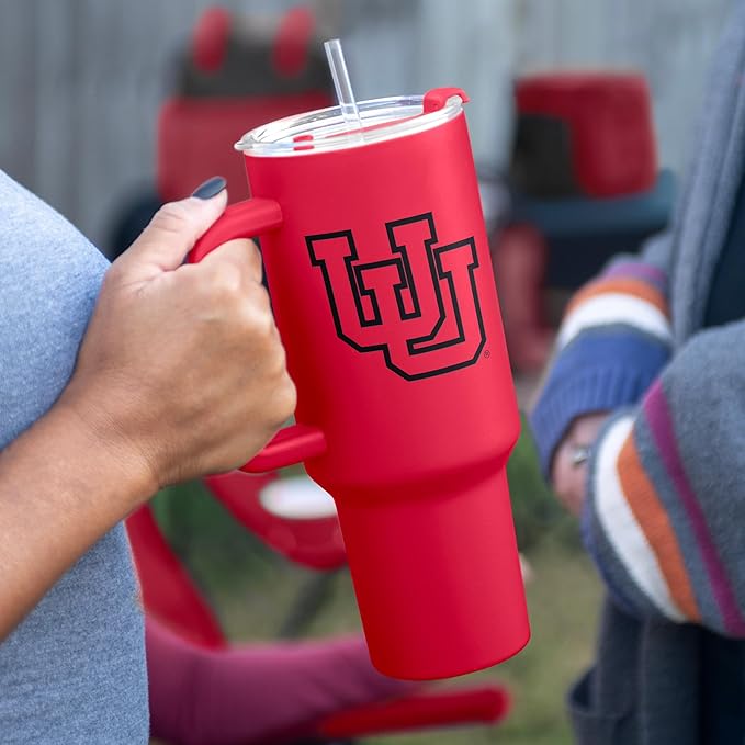 Logo Brands NCAA 40 oz Tumbler with Handle -Stainless Steel Insulated Travel Tumbler with Straw Lid – Powder Coated, Leak-Resistant, Keeps Drinks Hot/Cold – Great for Tailgating, or Everyday Use