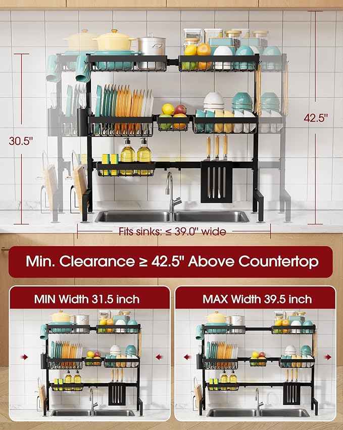Over The Sink Dish Drying Rack - Adjustable 3 Tier XX-Large Capacity Stainless Steel Drainer with Cutlery & Utensil Holders, Kitchen Storage & Organization, 31.5"-39.5"L x 12"W x 30.5"H, Black