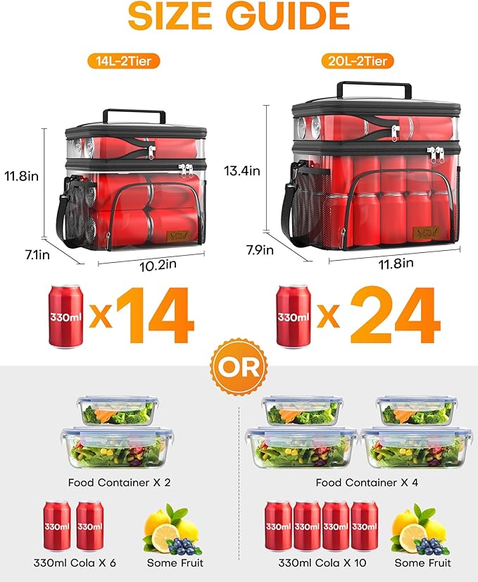 HOTOR Insulated Lunch Box for Men & Women - Leak-Proof Cooler Lunch Bag with 4 Pockets, Adjustable Strap, Ideal for Work, Picnic, Travel - Black, 2 Layers, Large, 11.81"×7.87"×13.39"