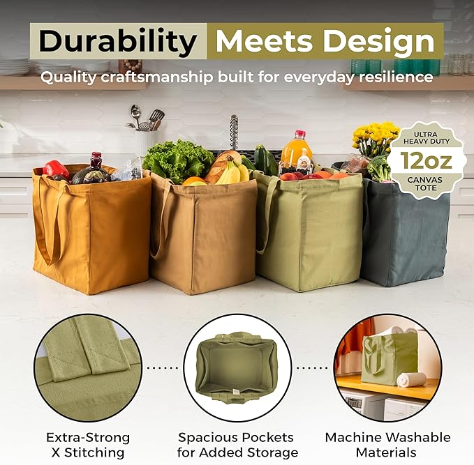 VeraMia Canvas Grocery Bag 3pc XL Set with Real Pockets, Long Shoulder Strap and Short Handle. Heavy Duty, Foldable, Washable