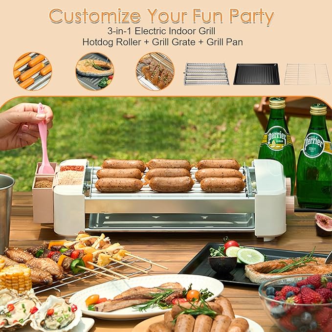 Electric Hot Dog Roller 6 Rollers - 3 in 1 Indoor Grills Portable with Non-stick & Smokeless Removable Grill & BBQ Griddle Plate,Stainless Sausage Grill Cooker Machine, for Family party Use