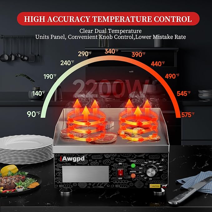 14" Commercial Electric Griddle,Electric Countertop Flat Top Griddle,110V 1800W Electric Flat Top Grill,Non-Stick Restaurant Teppanyaki Stainless Steel Grill,Adjustable Temperature Control
