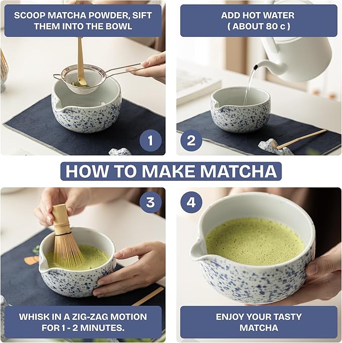 Matcha Whisk Set, 7 PCS Matcha Kit with Matcha Bowl with Spout, Bamboo Matcha Whisk and Scoop, Matcha Accessories & Sifter – Complete Matcha Set for Tea Lovers, Matcha Gift Set (Blue)