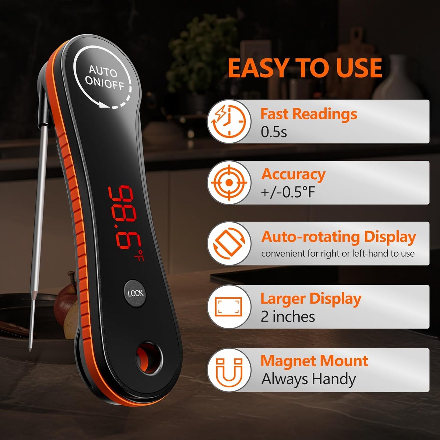 Digital Meat Thermometer, Paysean 0.5 Sec Instant Read ±0.5℉ with Auto-Rotating Backlit Display, IP67 Waterproof and Calibration for Cooking, Candy, Grilling, BBQ, Liquid, Smoker, Beef