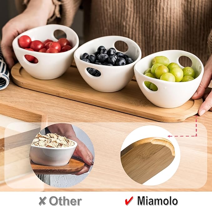 Miamolo Chip and Dip Serving Set, Dipping Sauce Bowls Divided Serving Dishes with Wooden Spoons, Ceramic Dip Bowl Display Serving Tray for Party Dinner Entertaining