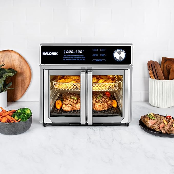 Kalorik Air Fryer Oven Grill MAXX Series 26-Quart with Smokeless Sear Technology Digital Controls Easy-View Door and 22 Smart Cooking Presets, Includes Cooking Accessories, 1700-Watts, Stainless Steel
