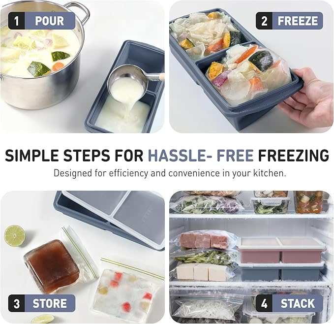 Silicone Freezer Tray with Lid Soup Freezer Container Molds with Steel Reinforced Rim Large Ice Cube Tray Makes 4 Perfect 2 Cup Portions Cubes Storage Food Housewarming Gift Kitchen Must Haves