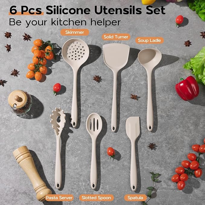Onader Kitchen Utensils Set, Silicone Non Toxic Cooking Utensils, 6 Pcs Heat Resistant Kitchen Gadgets Set for Nonstick Cookware - Khaki