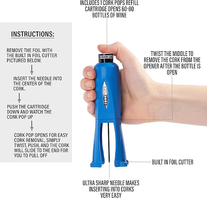 Cork Pops Legacy Wine Opener Built-in 4-Blade Foil Cutter Safe Cork Removal, Effortless Push Button Use, Needle Guard for Safety, Low-Pressure Cartridge Opens Up To 60 (Blue, With 1 Cartridge)