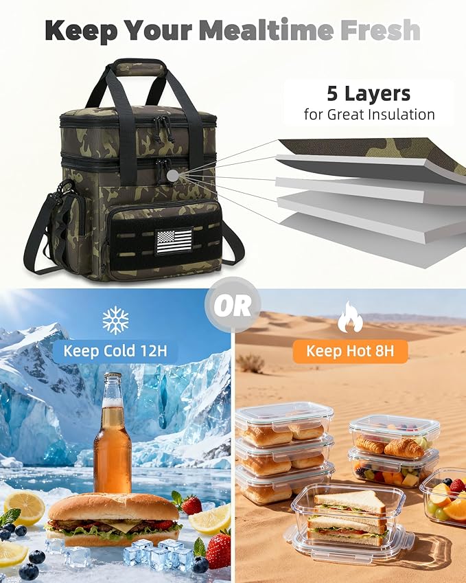 holuxer Tactical Lunch Bag & Lunch Box for Men - Large Double Deck Expandable Insulated Soft Adult Lunchbox for Work - Cooler Bag for Beach, Picnic, Camping,Outdoor，Travel (Camo,23L)