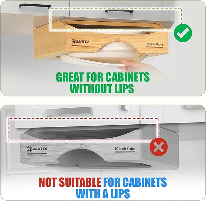 Bamboo Paper Plate Dispenser Under Cabinet for 10 Inch Paper Plates - Plate Organizer for Cabinet – Storage Paper Plate Holders Reusable for Kitchen organizer and Plastic Dinner Plates Disposable